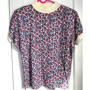 Vintage 80s Kicks Pink White Purple Floral Casual Blouse Top Medium Boho Cottage